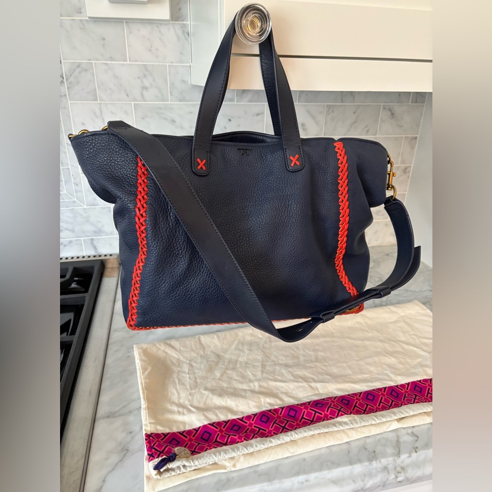 Tory Burch navy leather bag with hot red stitching